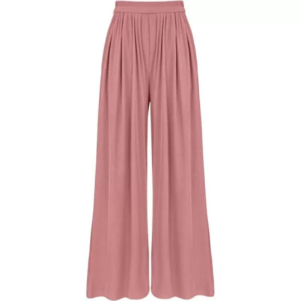 imageBTFBM Womens Casual Wide Leg Pants Spring Summer Clothes Pleated Elastic Waist Loose Palazzo Knit Trousers with PocketsSolid Dusty Pink