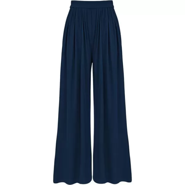 imageBTFBM Womens Casual Wide Leg Pants Spring Summer Clothes Pleated Elastic Waist Loose Palazzo Knit Trousers with PocketsSolid Navy