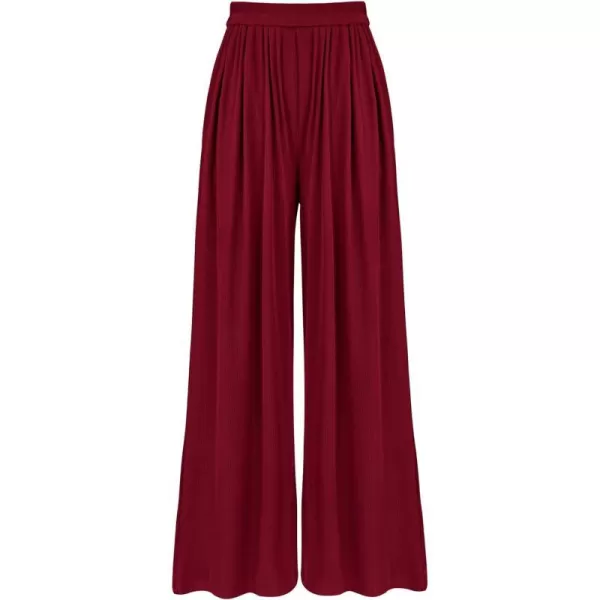 imageBTFBM Womens Casual Wide Leg Pants Spring Summer Clothes Pleated Elastic Waist Loose Palazzo Knit Trousers with PocketsSolid Wine Red