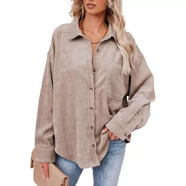 imageBTFBM Womens Corduroy Button Down Shirt Jackets Casual Rolled Long Sleeve Shacket Oversized Blouses Tops with PocketSolid Apricot