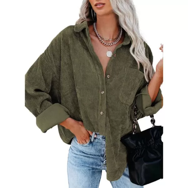 imageBTFBM Womens Corduroy Button Down Shirt Jackets Casual Rolled Long Sleeve Shacket Oversized Blouses Tops with PocketSolid Army Green