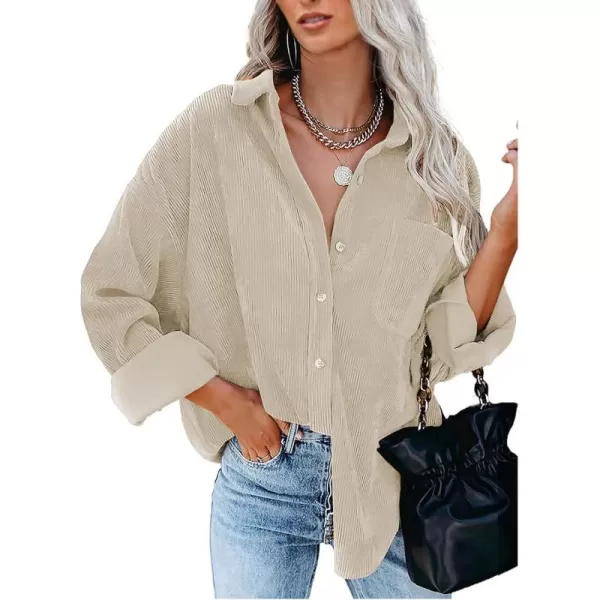 imageBTFBM Womens Corduroy Button Down Shirt Jackets Casual Rolled Long Sleeve Shacket Oversized Blouses Tops with PocketSolid Begie