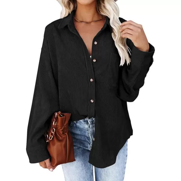 imageBTFBM Womens Corduroy Button Down Shirt Jackets Casual Rolled Long Sleeve Shacket Oversized Blouses Tops with PocketSolid Black
