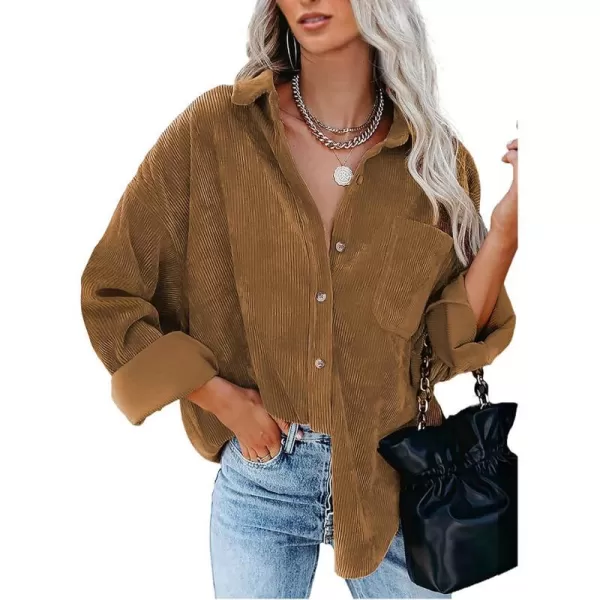 imageBTFBM Womens Corduroy Button Down Shirt Jackets Casual Rolled Long Sleeve Shacket Oversized Blouses Tops with PocketSolid Brown