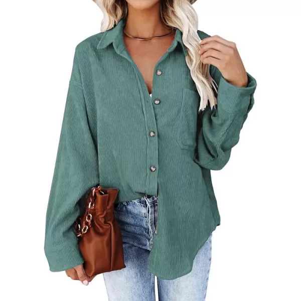 imageBTFBM Womens Corduroy Button Down Shirt Jackets Casual Rolled Long Sleeve Shacket Oversized Blouses Tops with PocketSolid Green