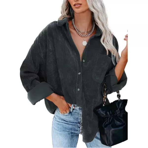 imageBTFBM Womens Corduroy Button Down Shirt Jackets Casual Rolled Long Sleeve Shacket Oversized Blouses Tops with PocketSolid Grey