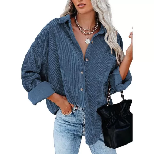 imageBTFBM Womens Corduroy Button Down Shirt Jackets Casual Rolled Long Sleeve Shacket Oversized Blouses Tops with PocketSolid Light Blue