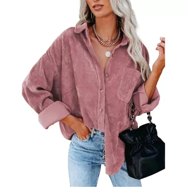 imageBTFBM Womens Corduroy Button Down Shirt Jackets Casual Rolled Long Sleeve Shacket Oversized Blouses Tops with PocketSolid Pink