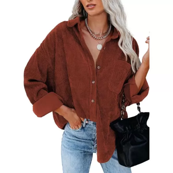 imageBTFBM Womens Corduroy Button Down Shirt Jackets Casual Rolled Long Sleeve Shacket Oversized Blouses Tops with PocketSolid Red Brown