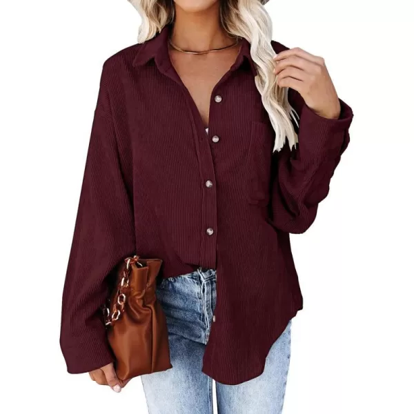imageBTFBM Womens Corduroy Button Down Shirt Jackets Casual Rolled Long Sleeve Shacket Oversized Blouses Tops with PocketSolid Wine Red