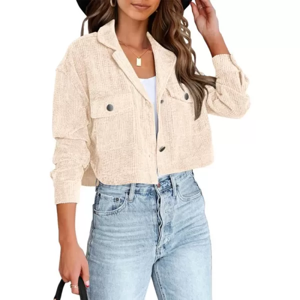 imageBTFBM Womens Corduroy Cropped Jacket 2023 Winter Fall Lapel Button Down Casual Short Shacket Jackets Coats with PocketsSolid Beige