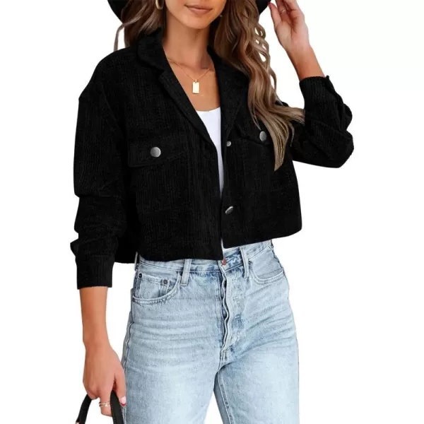 imageBTFBM Womens Corduroy Cropped Jacket 2023 Winter Fall Lapel Button Down Casual Short Shacket Jackets Coats with PocketsSolid Black