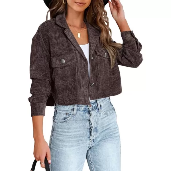 imageBTFBM Womens Corduroy Cropped Jacket 2023 Winter Fall Lapel Button Down Casual Short Shacket Jackets Coats with PocketsSolid Dark Brown