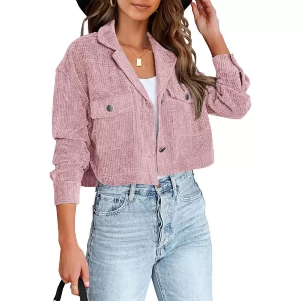 imageBTFBM Womens Corduroy Cropped Jacket 2023 Winter Fall Lapel Button Down Casual Short Shacket Jackets Coats with PocketsSolid Pink