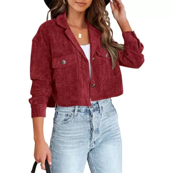 imageBTFBM Womens Corduroy Cropped Jacket 2023 Winter Fall Lapel Button Down Casual Short Shacket Jackets Coats with PocketsSolid Red