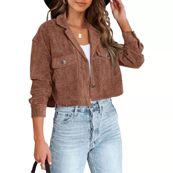 imageBTFBM Womens Corduroy Cropped Jacket 2023 Winter Fall Lapel Button Down Casual Short Shacket Jackets Coats with PocketsSolid Red Brown