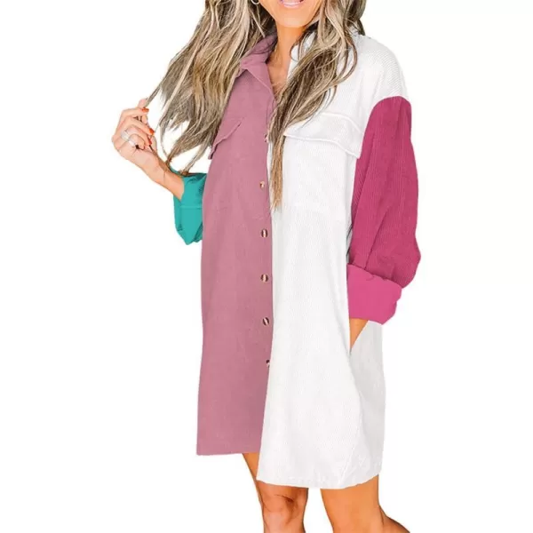 imageBTFBM Womens Corduroy Shacket Jacket Shirts Lapel Long Sleeve Oversized 2023 Fall Winter Button Down Shirt Dress PocketColorblock Pink