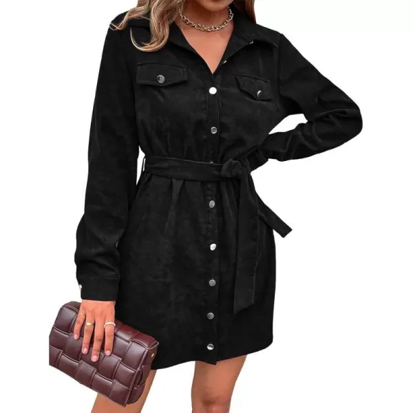 imageBTFBM Womens Corduroy Shacket Jacket Shirts Lapel Long Sleeve Oversized 2023 Fall Winter Button Down Shirt Dress PocketSolid Black