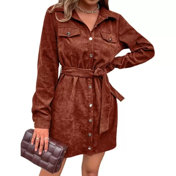 imageBTFBM Womens Corduroy Shacket Jacket Shirts Lapel Long Sleeve Oversized 2023 Fall Winter Button Down Shirt Dress PocketSolid Brown