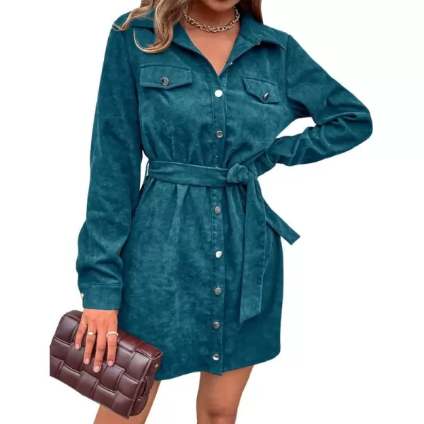 imageBTFBM Womens Corduroy Shacket Jacket Shirts Lapel Long Sleeve Oversized 2023 Fall Winter Button Down Shirt Dress PocketSolid Lake Blue