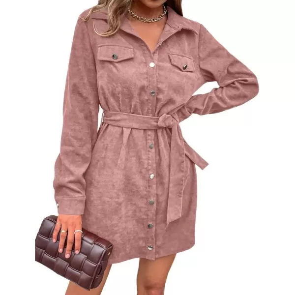 imageBTFBM Womens Corduroy Shacket Jacket Shirts Lapel Long Sleeve Oversized 2023 Fall Winter Button Down Shirt Dress PocketSolid Pink