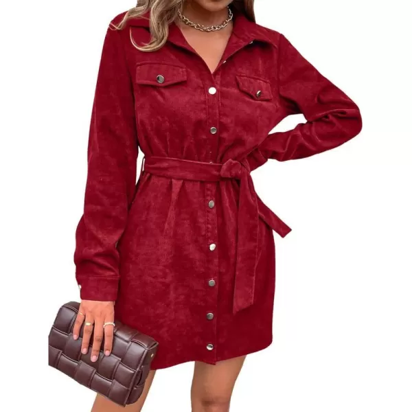 imageBTFBM Womens Corduroy Shacket Jacket Shirts Lapel Long Sleeve Oversized 2023 Fall Winter Button Down Shirt Dress PocketSolid Red