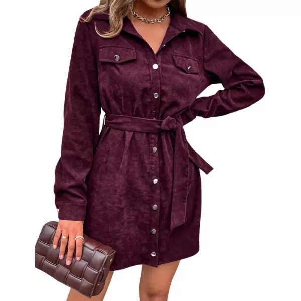 imageBTFBM Womens Corduroy Shacket Jacket Shirts Lapel Long Sleeve Oversized 2023 Fall Winter Button Down Shirt Dress PocketSolid Wine Red