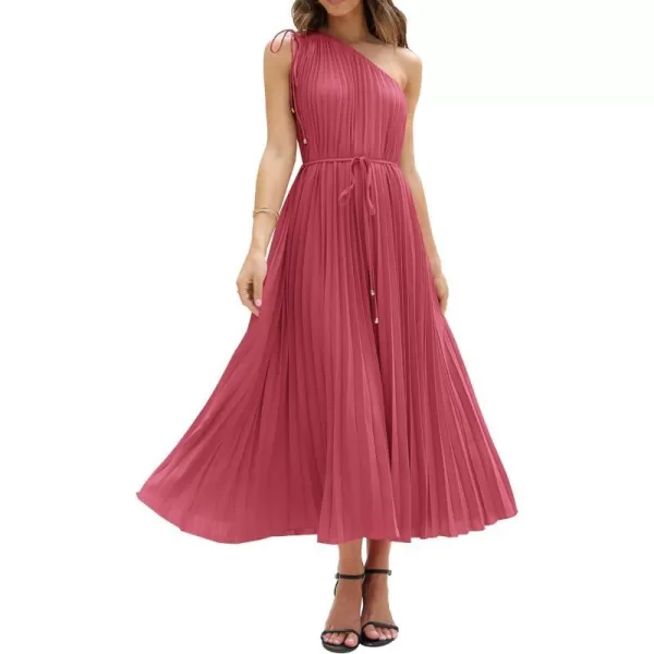 imageBTFBM Womens Drawstring One Shoulder Maxi Dresses Summer Sleeveless Tie Waist Pleated Long Flowy Party Cocktail DressSolid Bean Paste Red