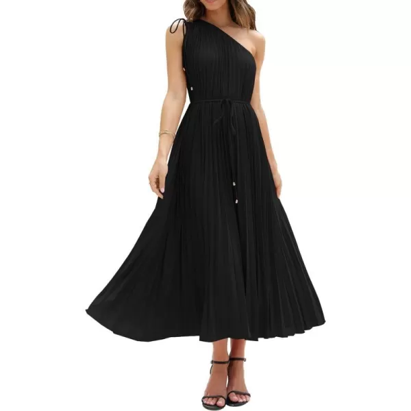 imageBTFBM Womens Drawstring One Shoulder Maxi Dresses Summer Sleeveless Tie Waist Pleated Long Flowy Party Cocktail DressSolid Black