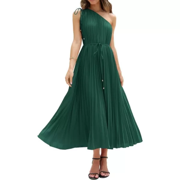 imageBTFBM Womens Drawstring One Shoulder Maxi Dresses Summer Sleeveless Tie Waist Pleated Long Flowy Party Cocktail DressSolid Dark Green
