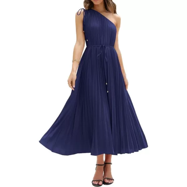 imageBTFBM Womens Drawstring One Shoulder Maxi Dresses Summer Sleeveless Tie Waist Pleated Long Flowy Party Cocktail DressSolid Navy
