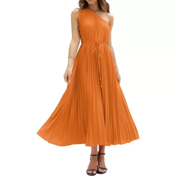 imageBTFBM Womens Drawstring One Shoulder Maxi Dresses Summer Sleeveless Tie Waist Pleated Long Flowy Party Cocktail DressSolid Orange