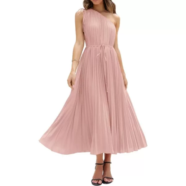 imageBTFBM Womens Drawstring One Shoulder Maxi Dresses Summer Sleeveless Tie Waist Pleated Long Flowy Party Cocktail DressSolid Pink