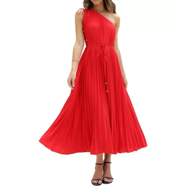 imageBTFBM Womens Drawstring One Shoulder Maxi Dresses Summer Sleeveless Tie Waist Pleated Long Flowy Party Cocktail DressSolid Red