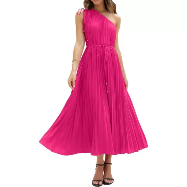 imageBTFBM Womens Drawstring One Shoulder Maxi Dresses Summer Sleeveless Tie Waist Pleated Long Flowy Party Cocktail DressSolid Rose Red