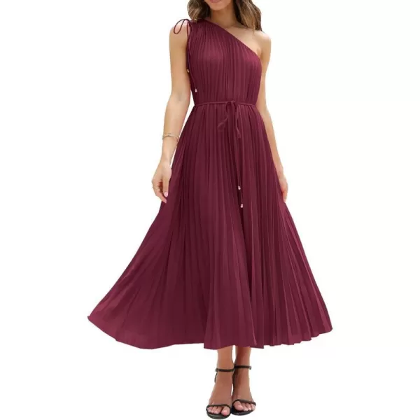 imageBTFBM Womens Drawstring One Shoulder Maxi Dresses Summer Sleeveless Tie Waist Pleated Long Flowy Party Cocktail DressSolid Wine Red