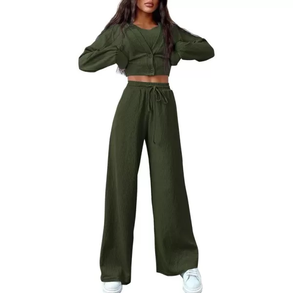 imageBTFBM Womens Fall 3 Piece Outfits Fashion Matching Sets Ribbed Knit Cardigan Cropped Tank Tops Wide Leg Pant TracksuitsSolid Army Green