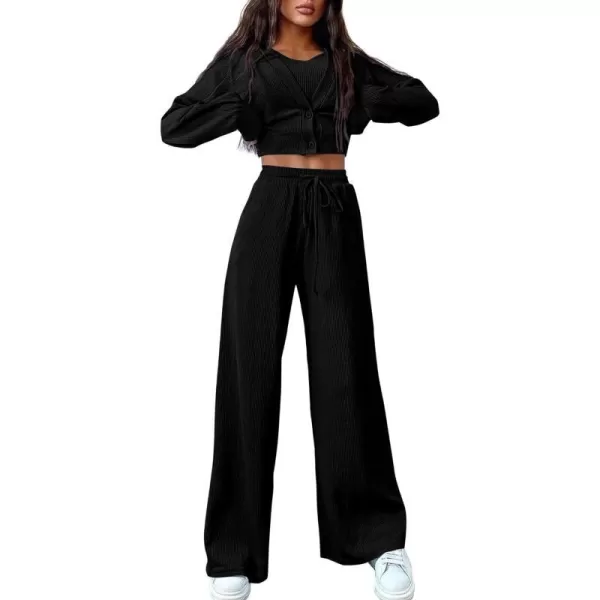 imageBTFBM Womens Fall 3 Piece Outfits Fashion Matching Sets Ribbed Knit Cardigan Cropped Tank Tops Wide Leg Pant TracksuitsSolid Black