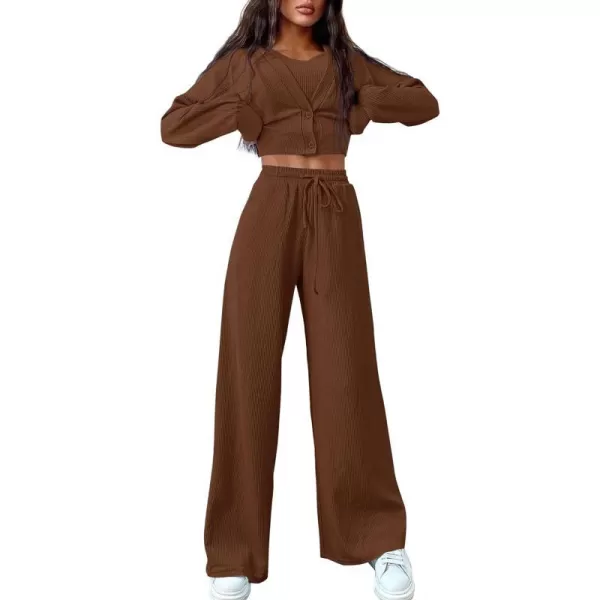 imageBTFBM Womens Fall 3 Piece Outfits Fashion Matching Sets Ribbed Knit Cardigan Cropped Tank Tops Wide Leg Pant TracksuitsSolid Coffee