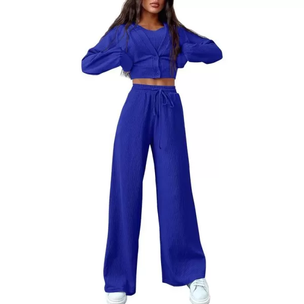 imageBTFBM Womens Fall 3 Piece Outfits Fashion Matching Sets Ribbed Knit Cardigan Cropped Tank Tops Wide Leg Pant TracksuitsSolid Royal Blue