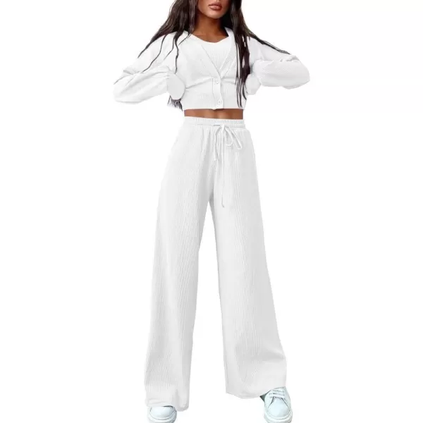 imageBTFBM Womens Fall 3 Piece Outfits Fashion Matching Sets Ribbed Knit Cardigan Cropped Tank Tops Wide Leg Pant TracksuitsSolid White
