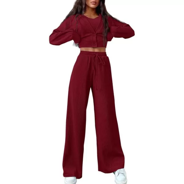 imageBTFBM Womens Fall 3 Piece Outfits Fashion Matching Sets Ribbed Knit Cardigan Cropped Tank Tops Wide Leg Pant TracksuitsSolid Wine Red