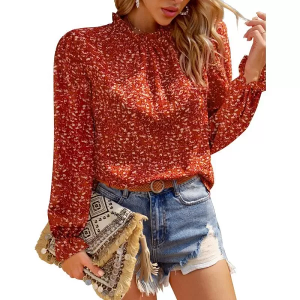 imageBTFBM Womens Fall Fashion 2023 Boho Tops Casual Frill Trim Mock Neck Shirts Puff Long Sleeve Blouse Floral Print TopFloral Orange Red