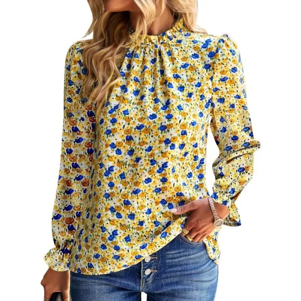 imageBTFBM Womens Fall Fashion 2023 Boho Tops Casual Frill Trim Mock Neck Shirts Puff Long Sleeve Blouse Floral Print TopFloral Yellow