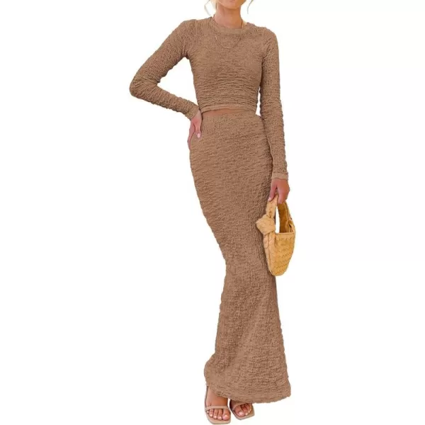 imageBTFBM Womens Fashion 2 Piece Outfits 2023 Fall Winter Long Sleeve Bodycon Pullover Tops Ruched Mermaid Maxi Skirt SetSolid Khaki