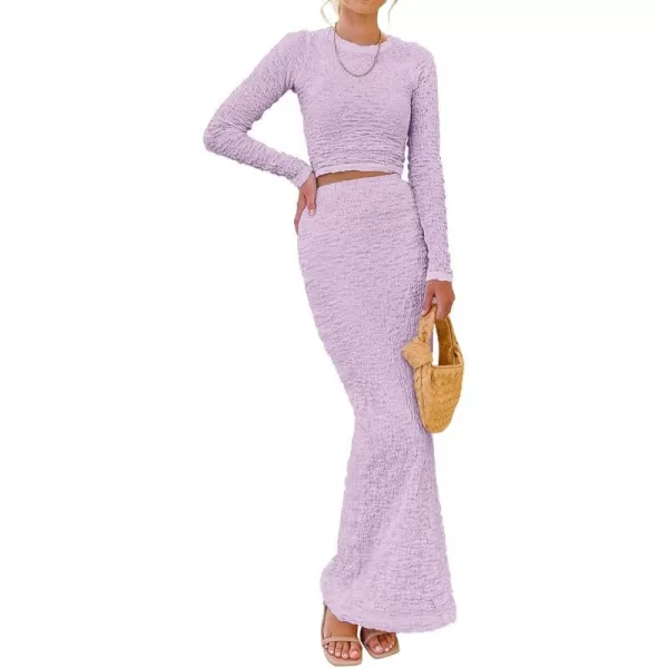 imageBTFBM Womens Fashion 2 Piece Outfits 2023 Fall Winter Long Sleeve Bodycon Pullover Tops Ruched Mermaid Maxi Skirt SetSolid Purple