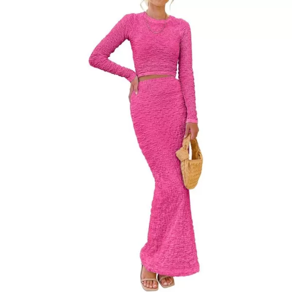 imageBTFBM Womens Fashion 2 Piece Outfits 2023 Fall Winter Long Sleeve Bodycon Pullover Tops Ruched Mermaid Maxi Skirt SetSolid Rose Red