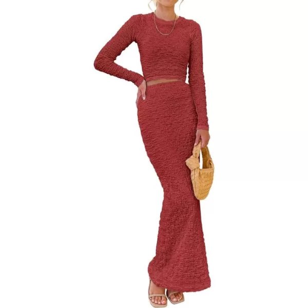 imageBTFBM Womens Fashion 2 Piece Outfits 2023 Fall Winter Long Sleeve Bodycon Pullover Tops Ruched Mermaid Maxi Skirt SetSolid Wine Red
