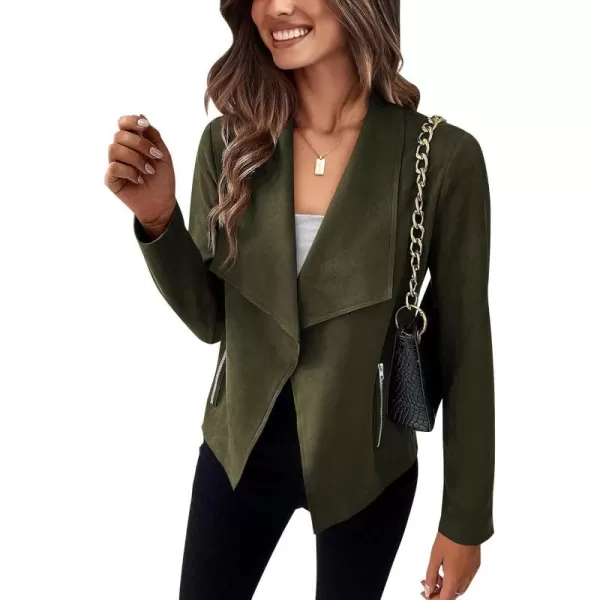 imageBTFBM Womens Fashion Faux Suede Jackets 2023 Fall Winter Clothes Lapel Long Sleeve Open Front Outerwear Cropped CoatsSolid Army Green
