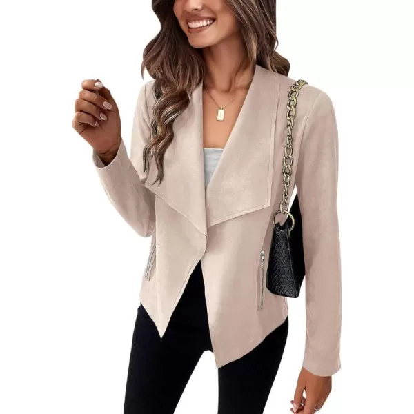 imageBTFBM Womens Fashion Faux Suede Jackets 2023 Fall Winter Clothes Lapel Long Sleeve Open Front Outerwear Cropped CoatsSolid Beige Apricot